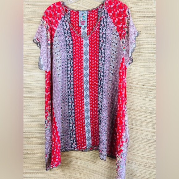 Johnny Was Embroidered Floral Print Boho Tunic Top – 100% Rayon Red & Gray Sz L - Picture 5 of 13
